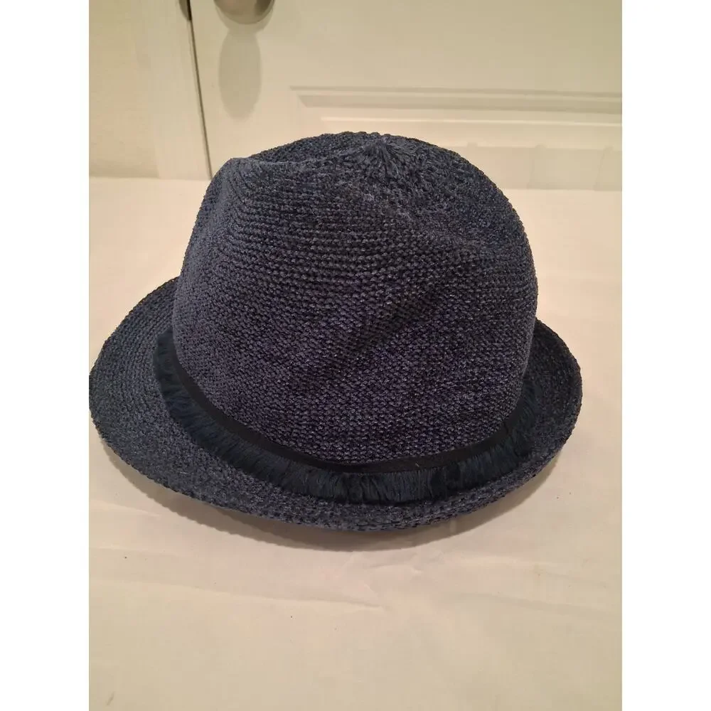 Kohl's Women's Navy Blue Knit Fedora Panama Hat Black Fringe Ribbon Band O/S